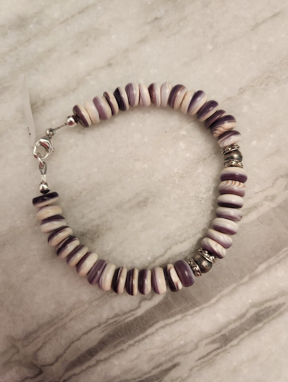 Purple and White Natural Wampum Shell Bracelet with Sterling Silver 925, NWT